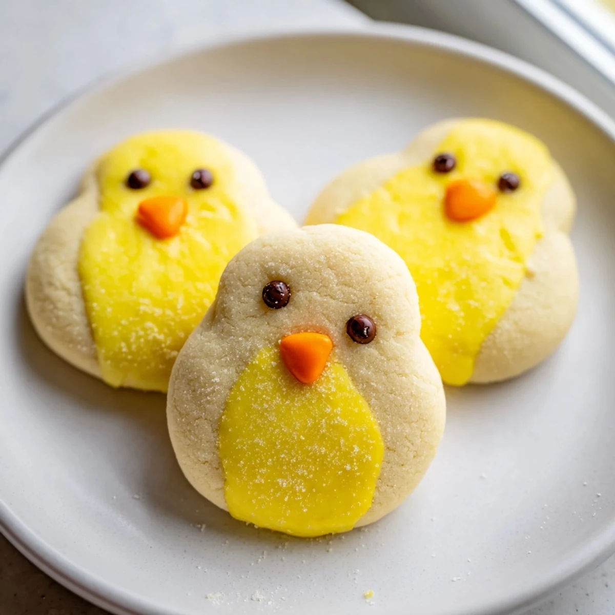Buttery chick cookies featuring orange candy beaks and chocolate chip eyes ready for spring parties