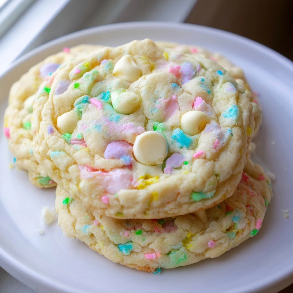 Soft pastel white chocolate cookies with creamy chips and rainbow sprinkles on a rustic baking sheet