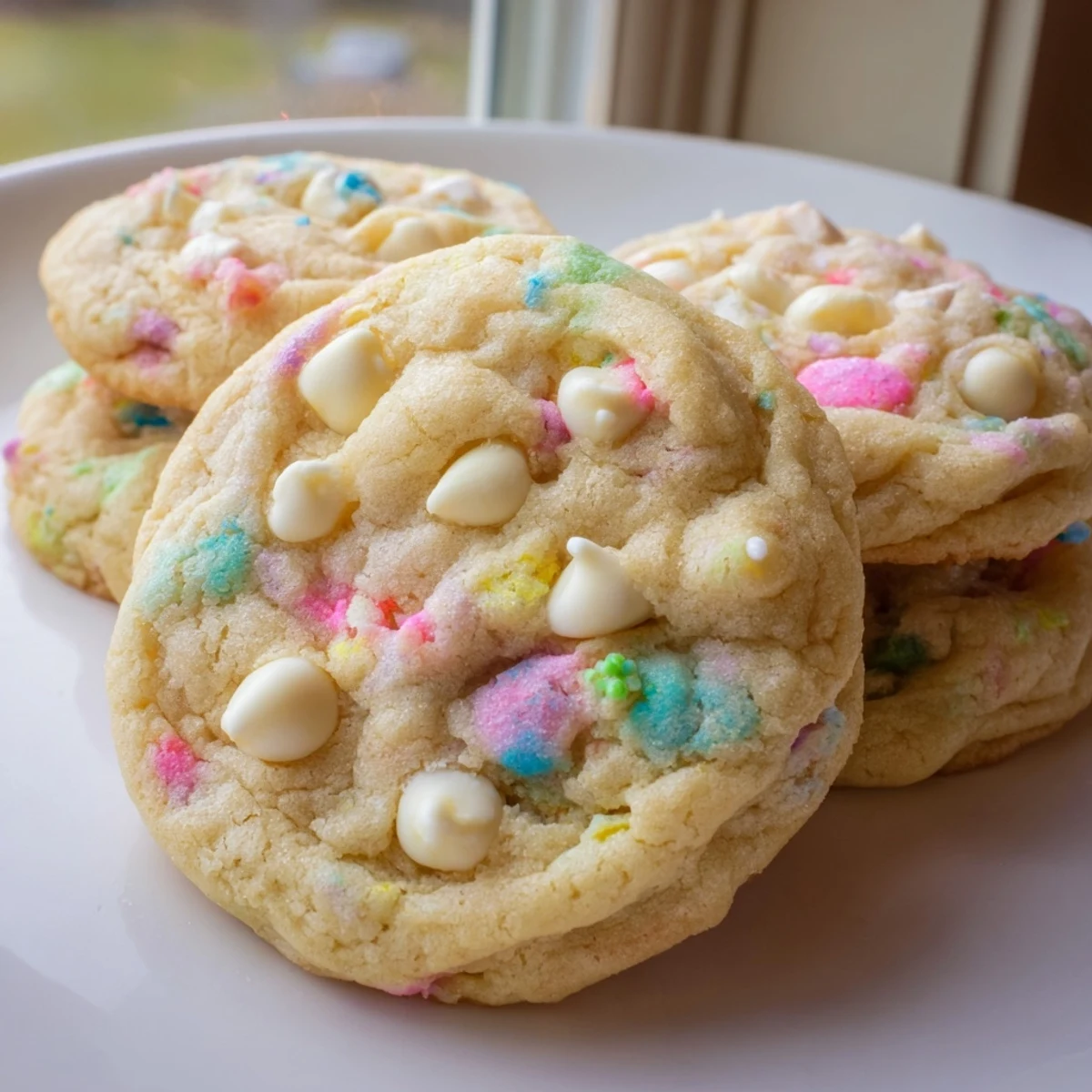 Chewy pastel white chocolate cookies arranged on a white plate with scattered pastel sprinkles