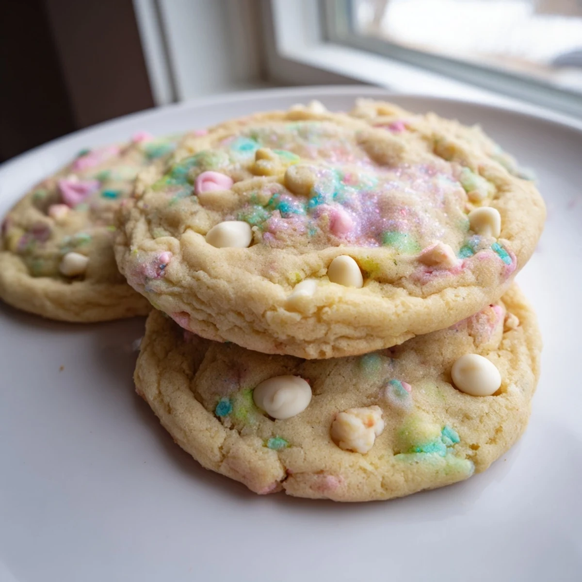 Golden edged pastel white chocolate cookies stacked beside a glass of cold milk