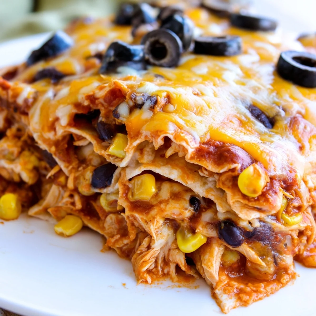 Golden melted cheese tops this cheesy shredded chicken enchilada bake with colorful garnishes