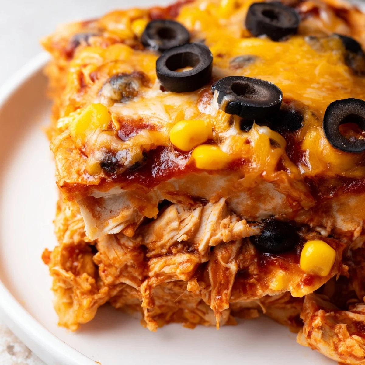 Bubbling casserole dish of cheesy shredded chicken enchilada bake with beans and corn