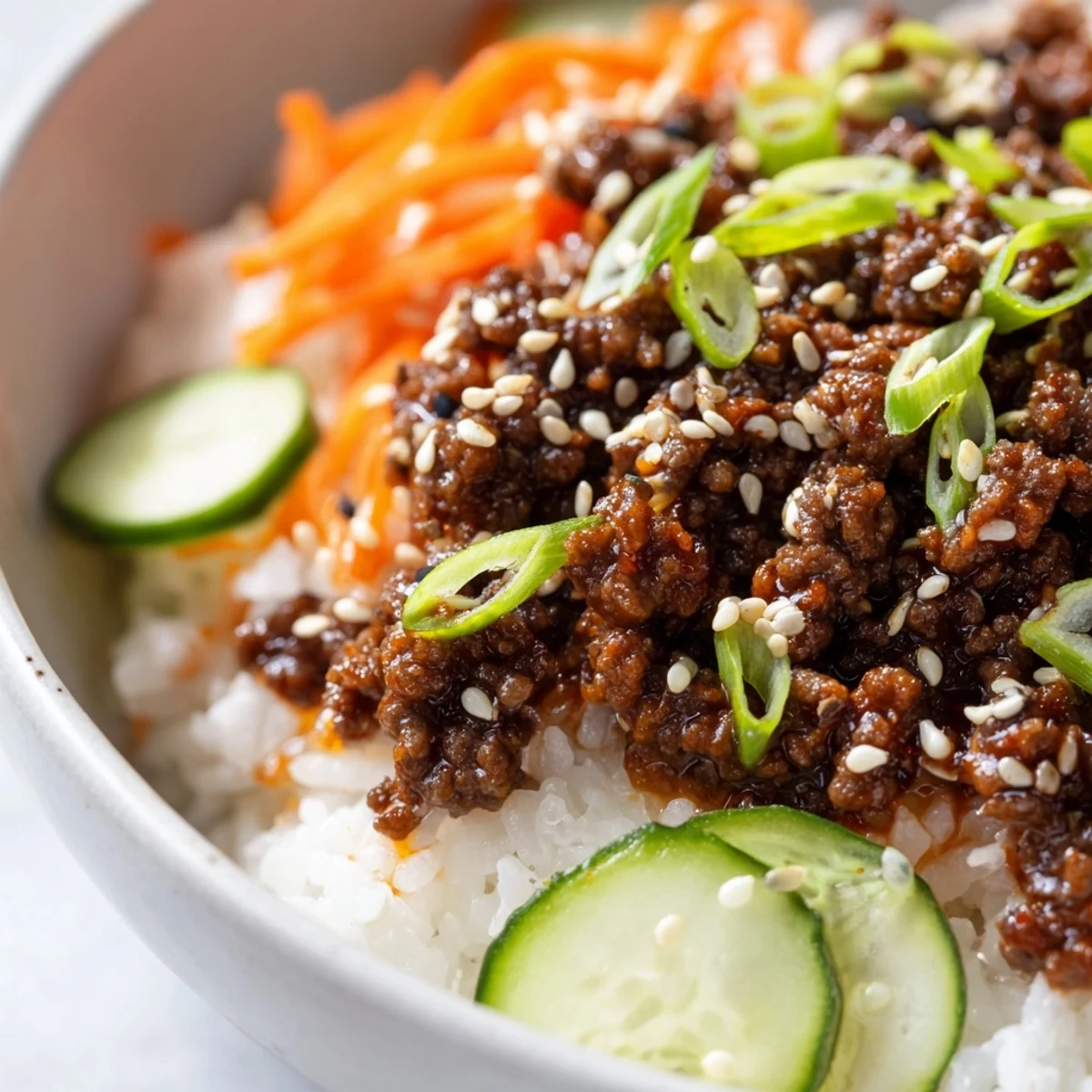 Crispy sesame beef and fresh vegetables over fluffy white rice in a bowl