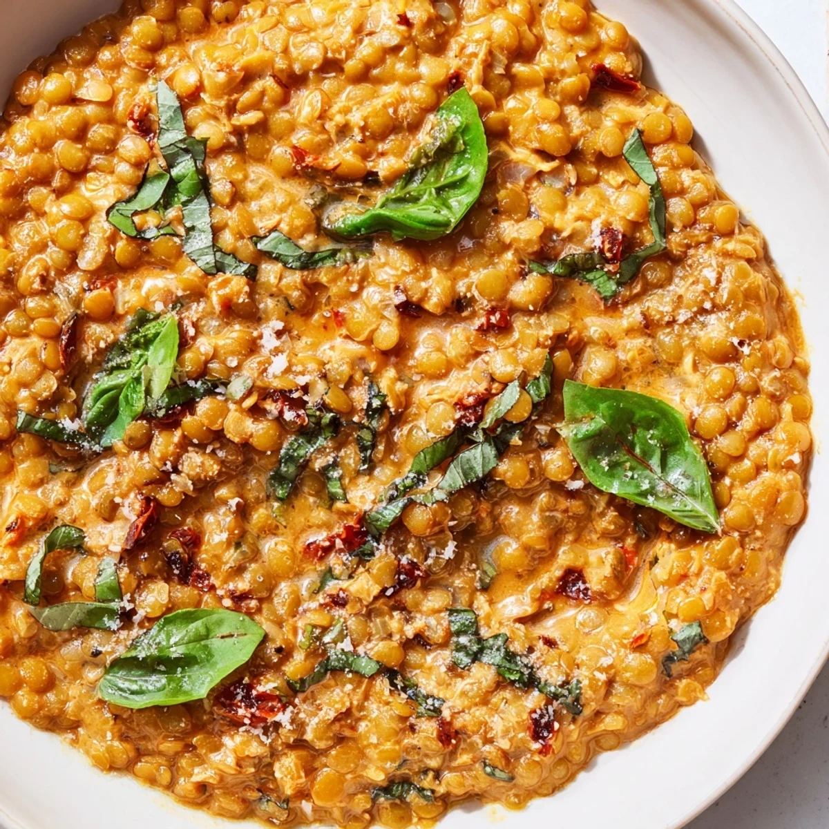 Creamy Marry Me Lentils served in a rustic bowl with fresh basil garnish on top