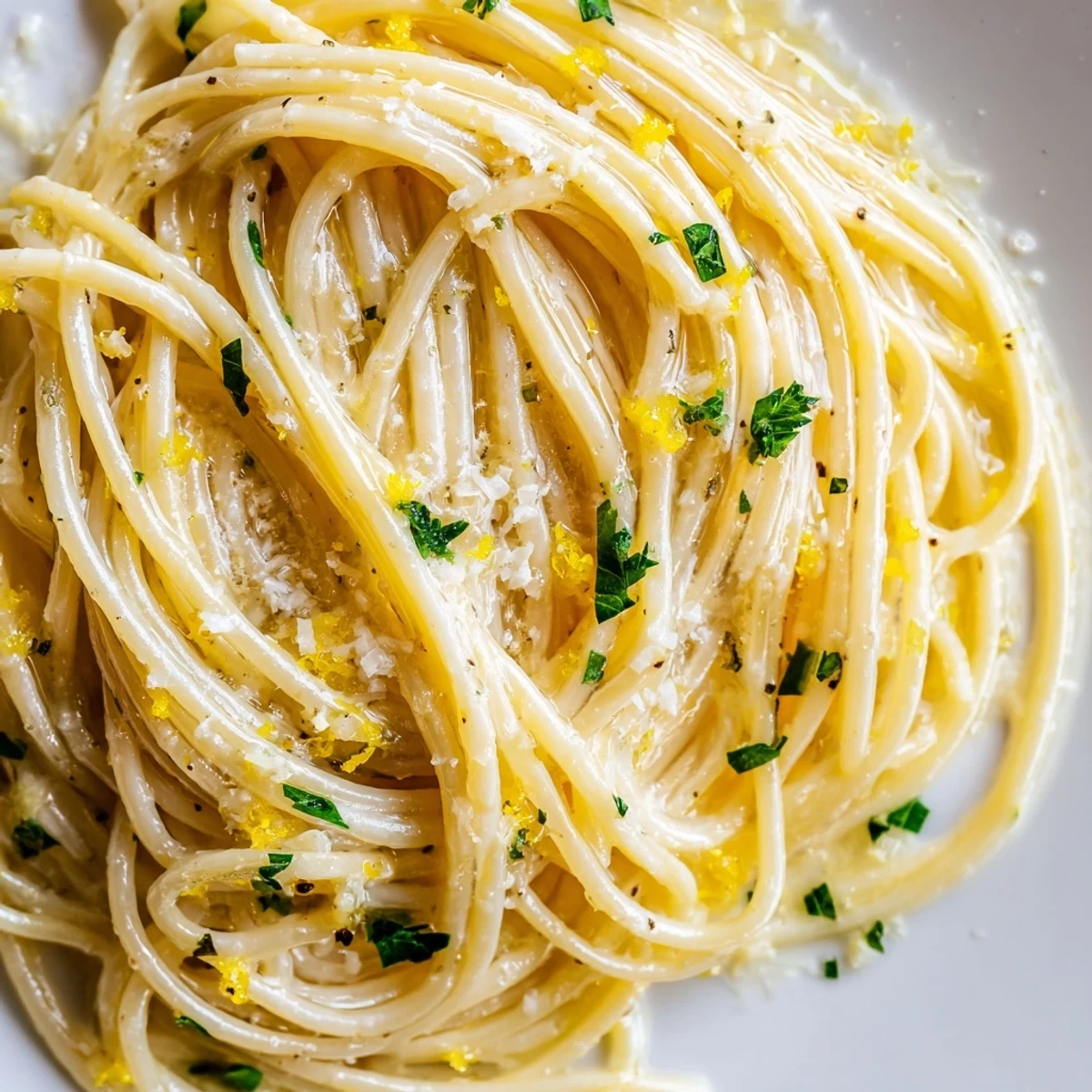 Creamy Parmesan Lemon Pasta twirled in a skillet with bright citrus zest and melted butter