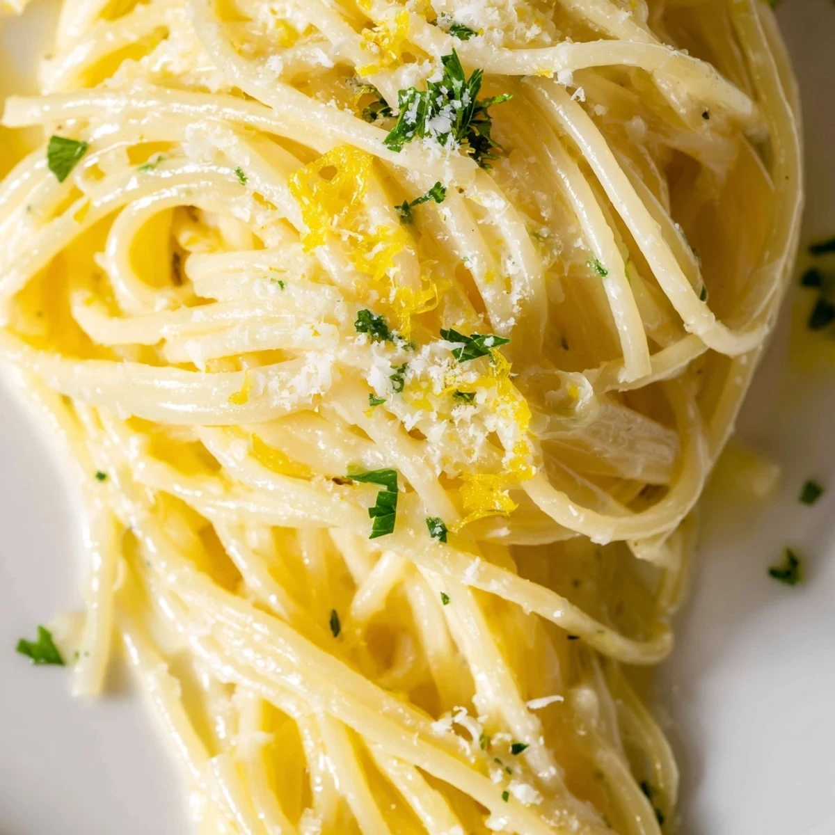 Golden spaghetti coated in rich Parmesan Lemon Pasta sauce with fresh herbs and black pepper