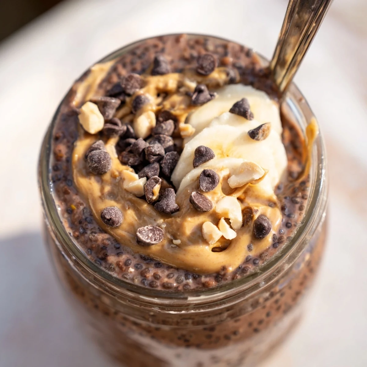Rich chocolate peanut butter overnight oats in a glass jar garnished with fresh strawberry slices