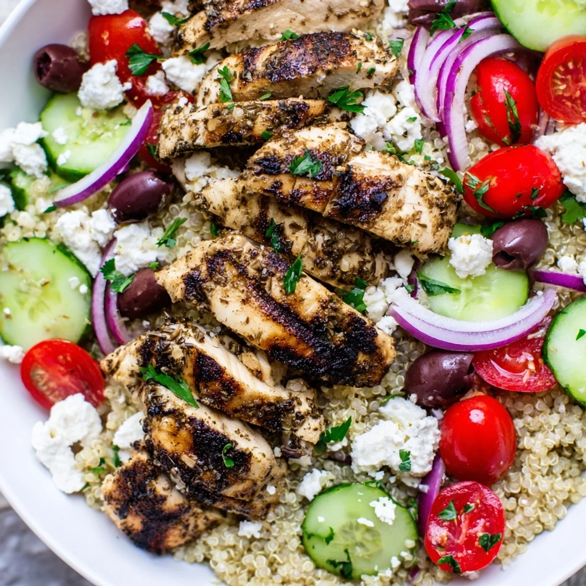 Grilled Mediterranean Chicken Quinoa Bowl topped with fresh vegetables and crumbled feta cheese