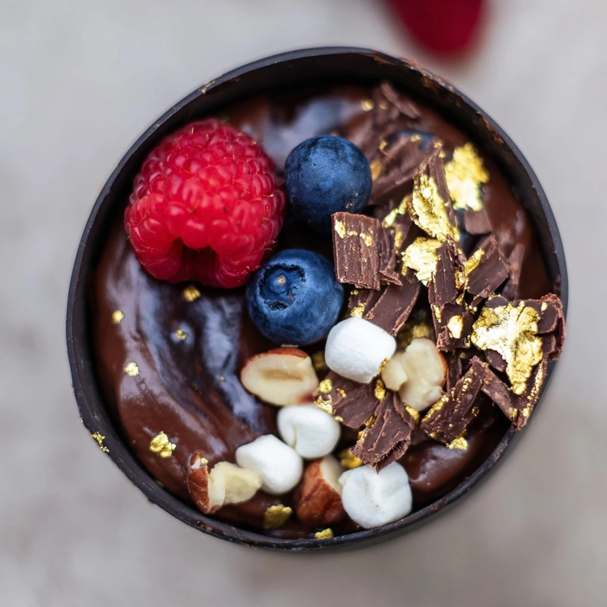 Chocolate grazing cups filled with fluffy mousse and topped with vibrant fresh berries and nuts