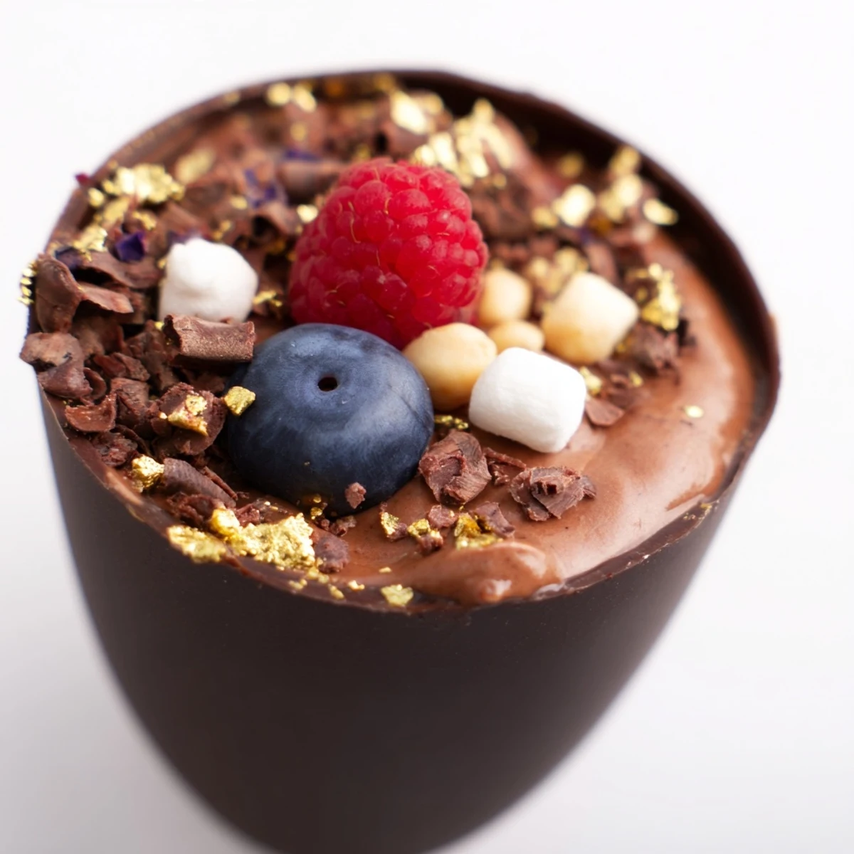 Elegant chocolate grazing cups with silky mousse, jewel-toned berries, and crunchy nut garnishes