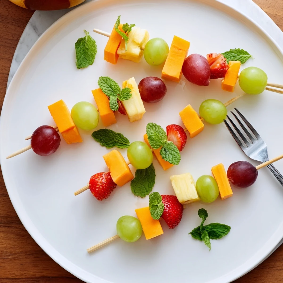 Colorful fruit and cheese kabobs arranged on platter with grapes strawberries pineapple and cubed cheddar cheese