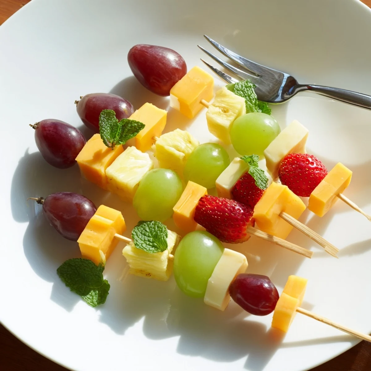 Refreshing fruit and cheese kabobs featuring alternating grapes strawberries pineapple and creamy Monterey Jack cubes