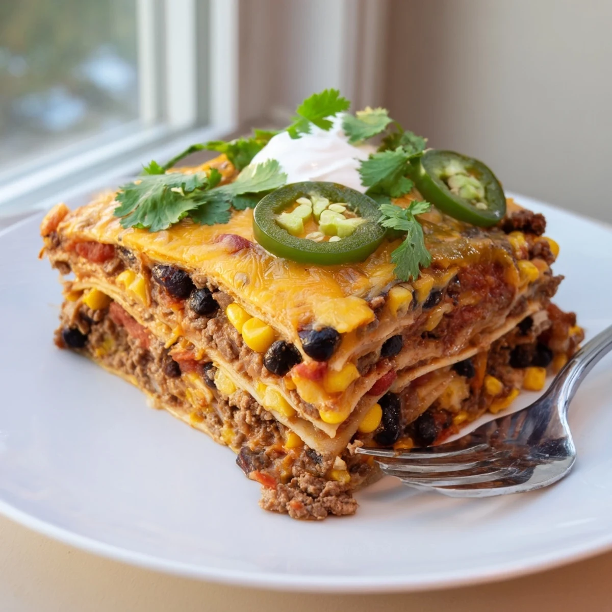 Golden melted cheese tops this Mexican lasagna with layers of seasoned beef and beans