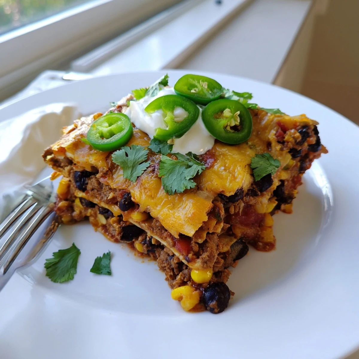 Mexican lasagna bubbling with zesty tomato sauce corn and melted cheddar cheese blend