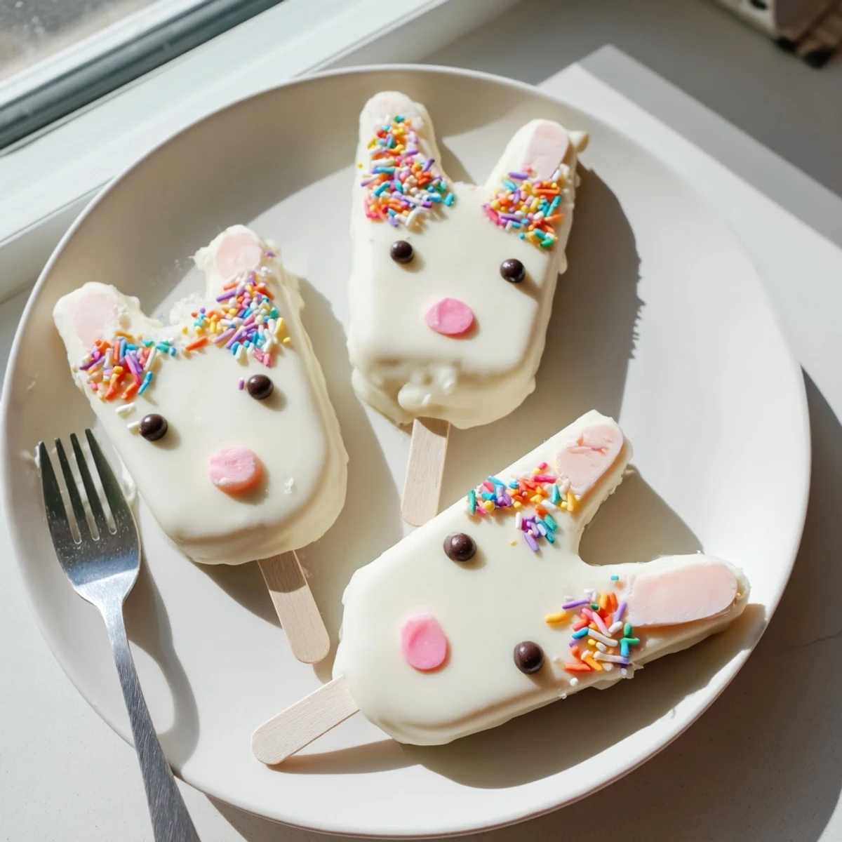 Adorable white chocolate bunny cakesicles with candy eyes on a festive Easter dessert tray