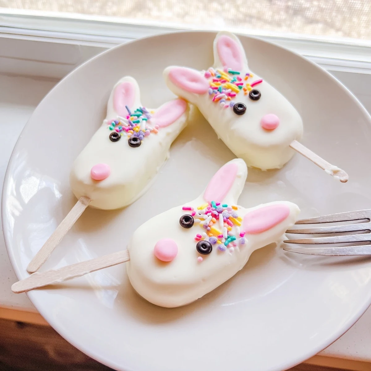 Creamy white chocolate bunny cakesicles decorated with pink ears and colorful sprinkles