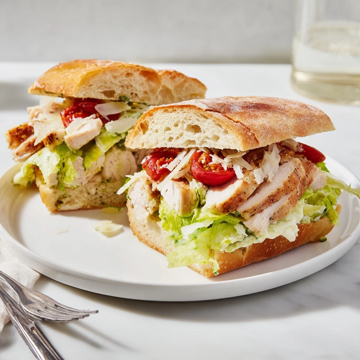 Golden toasted ciabatta holds juicy grilled chicken and crisp romaine in this chicken Caesar sandwich.