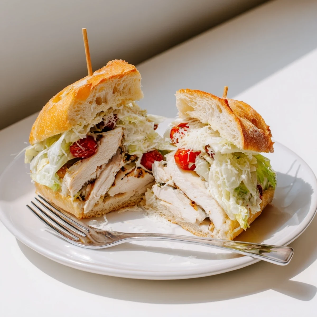 Chicken Caesar sandwich with creamy dressing, fresh lettuce, and shaved Parmesan on grilled crusty bread.