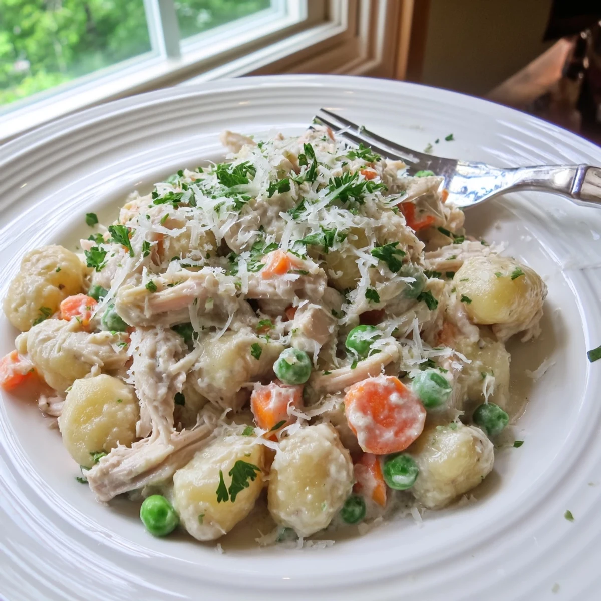 Creamy one pot gnocchi chicken pot pie in a golden skillet with tender vegetables
