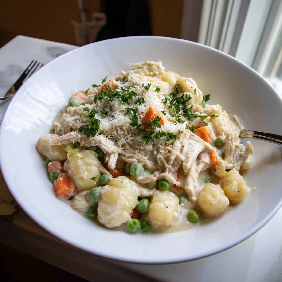 One pot gnocchi chicken pot pie topped with fresh parsley and Parmesan