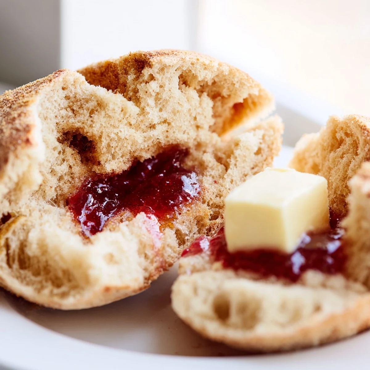 Golden brown homemade English muffins cooling on a wire rack with cornmeal dusting