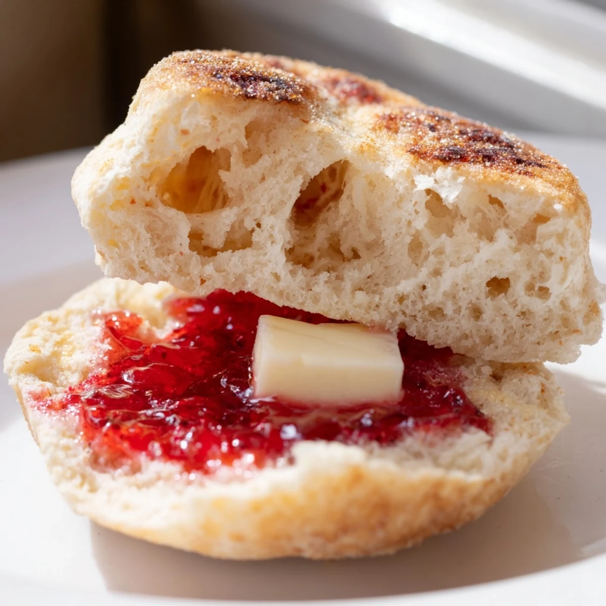 Split homemade English muffins revealing airy nooks and crannies ready for butter