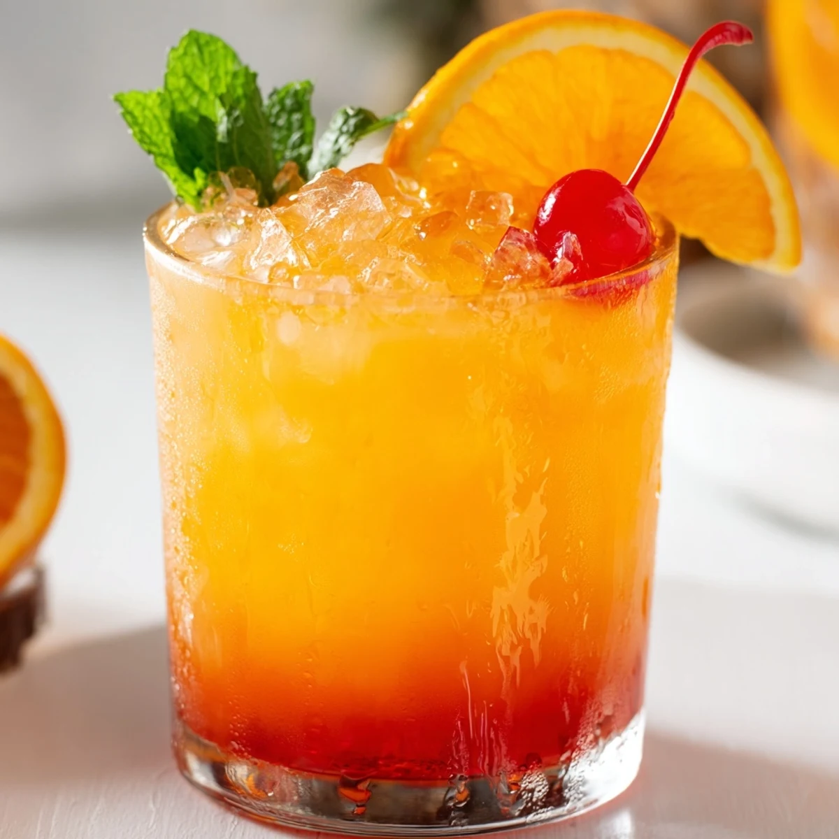 Golden non alcoholic Mai Tai mocktail garnished with fresh orange slice and bright red cherry