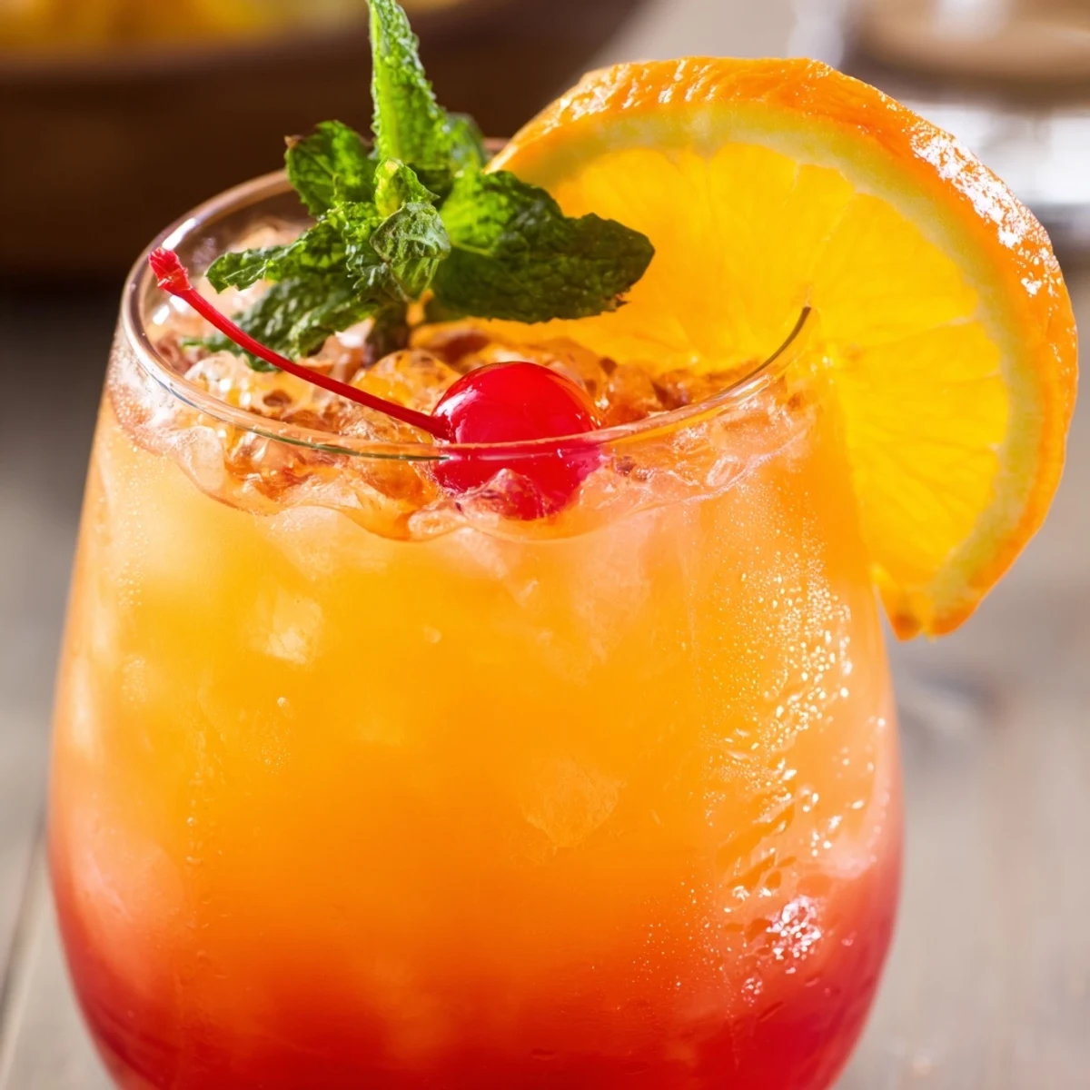 Tropical non alcoholic Mai Tai in glass with crushed ice mint and fruit garnish