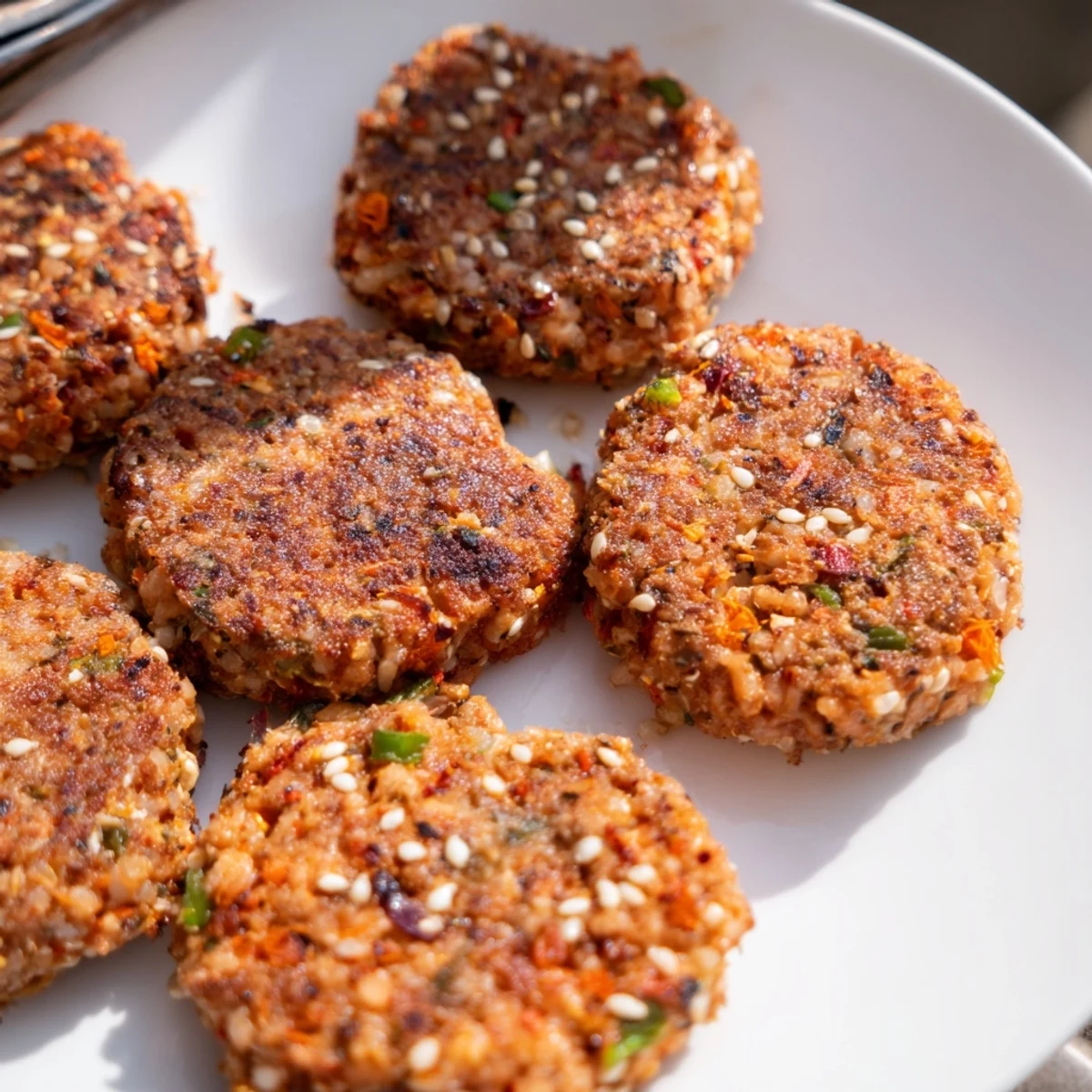 Golden crispy Harissa Sesame Salmon Patties sizzling in a skillet with toasted sesame seed garnish