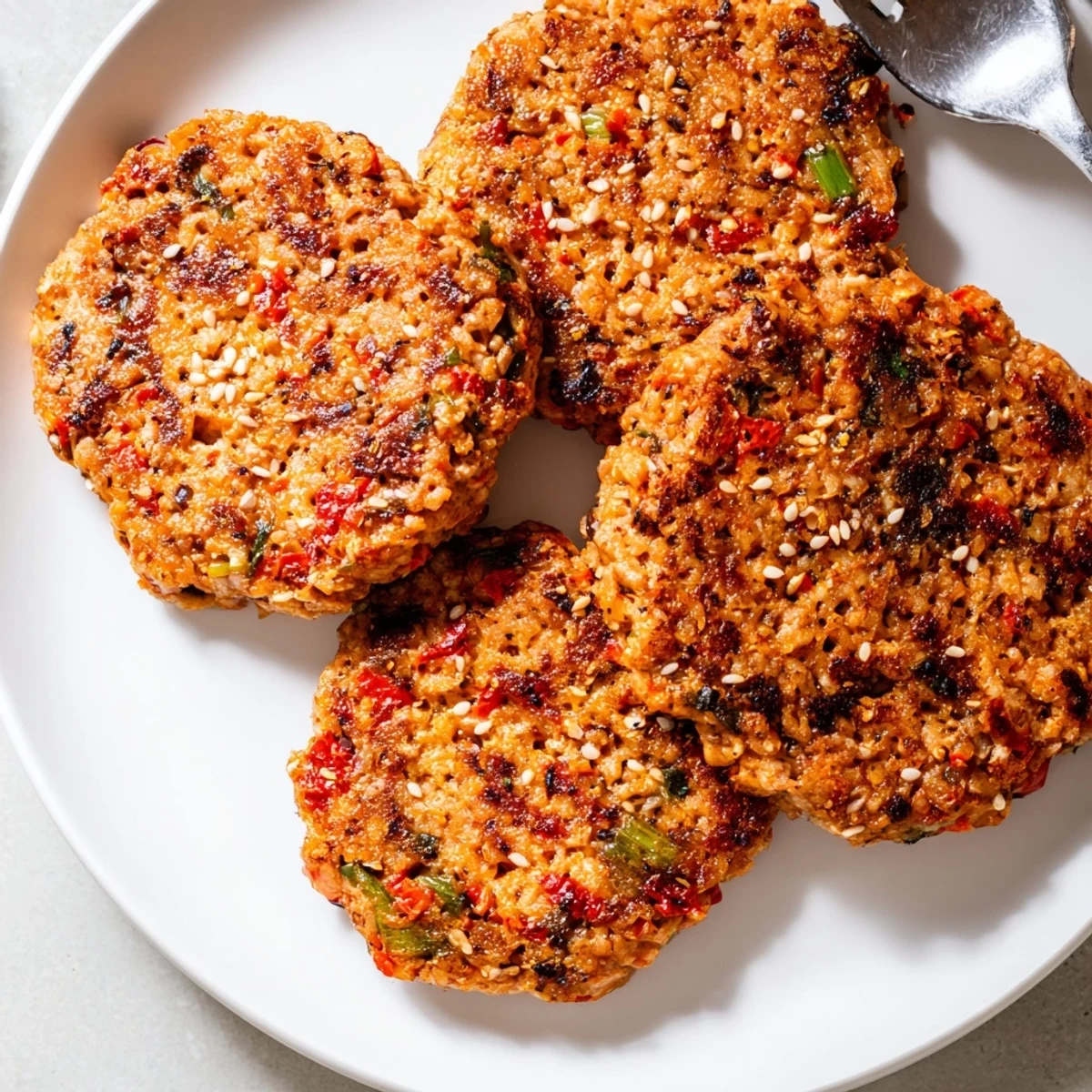 Spicy Harissa Sesame Salmon Patties served with lemon wedges on a white ceramic plate