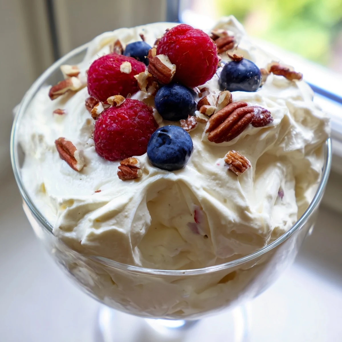 Creamy keto cheesecake fluff topped with fresh berries in a serving glass