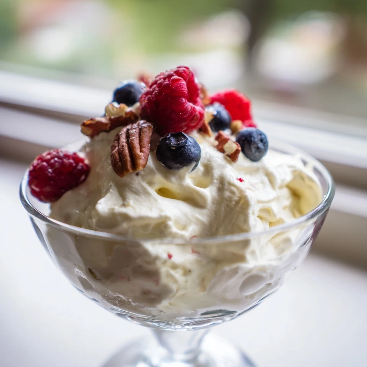 Light and airy keto cheesecake fluff swirled in a white dessert bowl