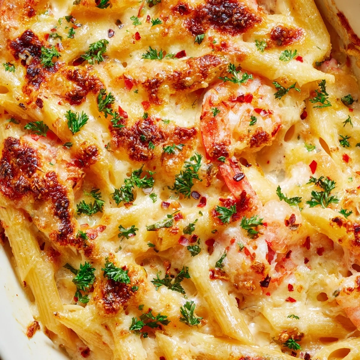 Golden baked Shrimp Scampi Pasta Bake topped with melted mozzarella and sprinkled fresh parsley