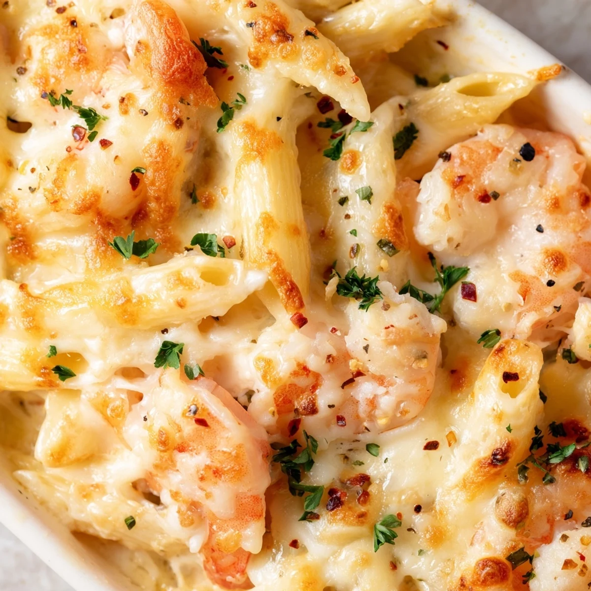 Creamy Shrimp Scampi Pasta Bake with tender pink shrimp in bubbling lemon garlic butter sauce