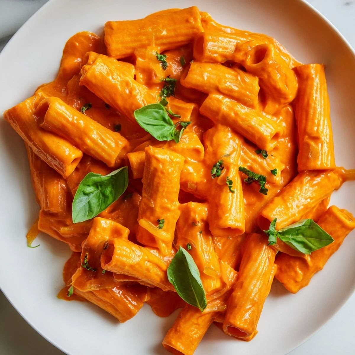 Creamy roasted red pepper pasta in a vibrant orange sauce topped with fresh basil