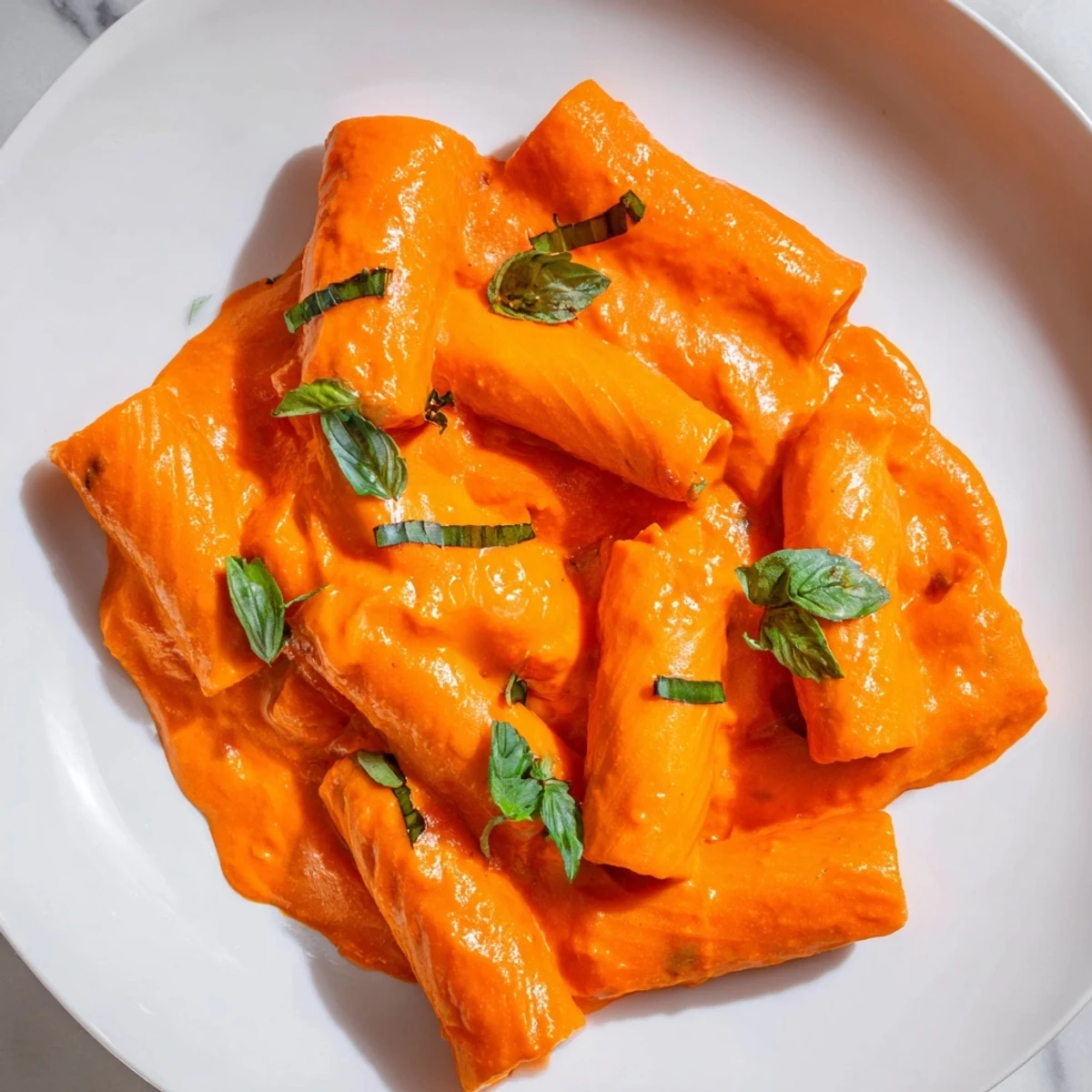 Steaming bowl of roasted red pepper pasta garnished with parmesan and green herbs