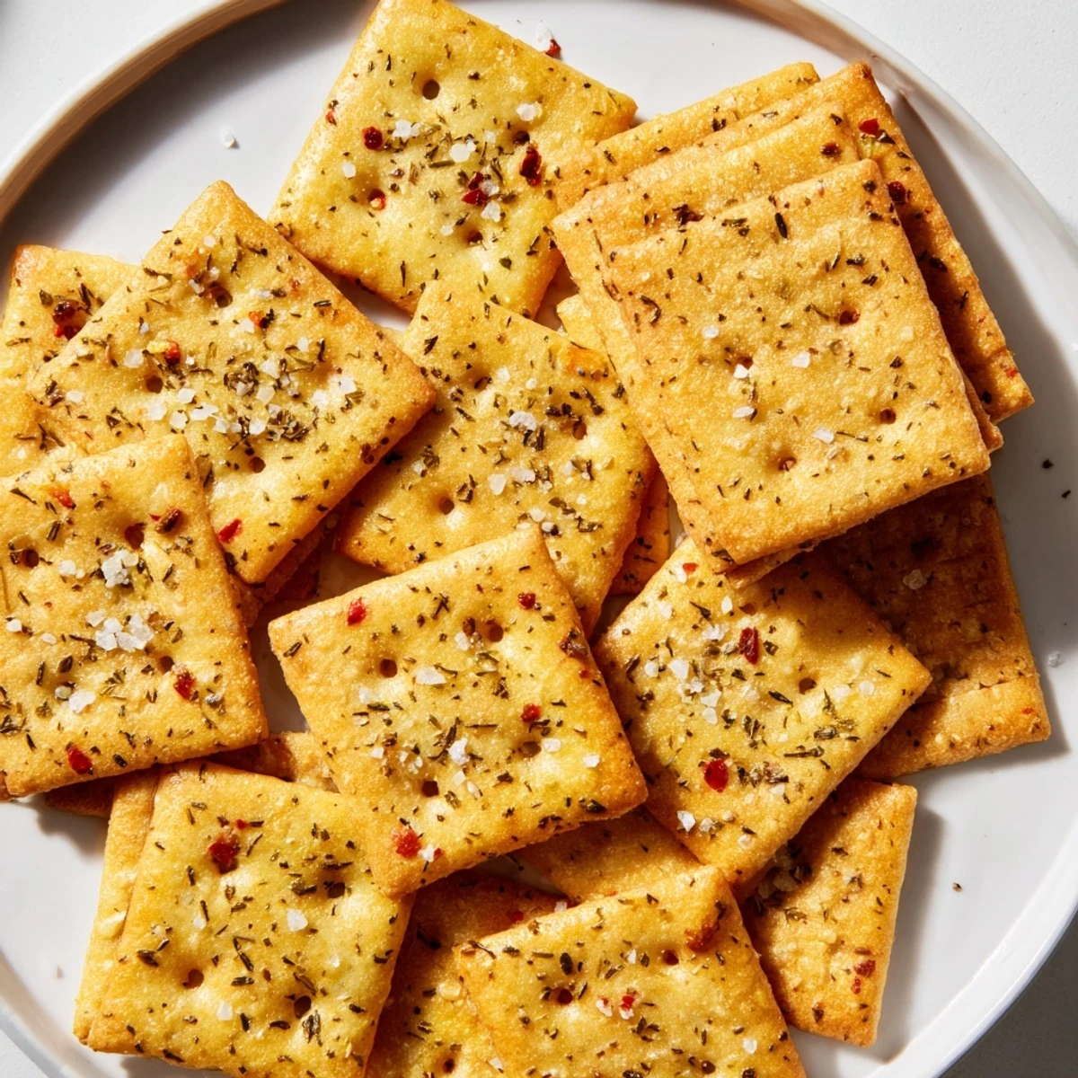 Crispy golden dill pickle saltines coated in a tangy herb butter mixture on parchment paper
