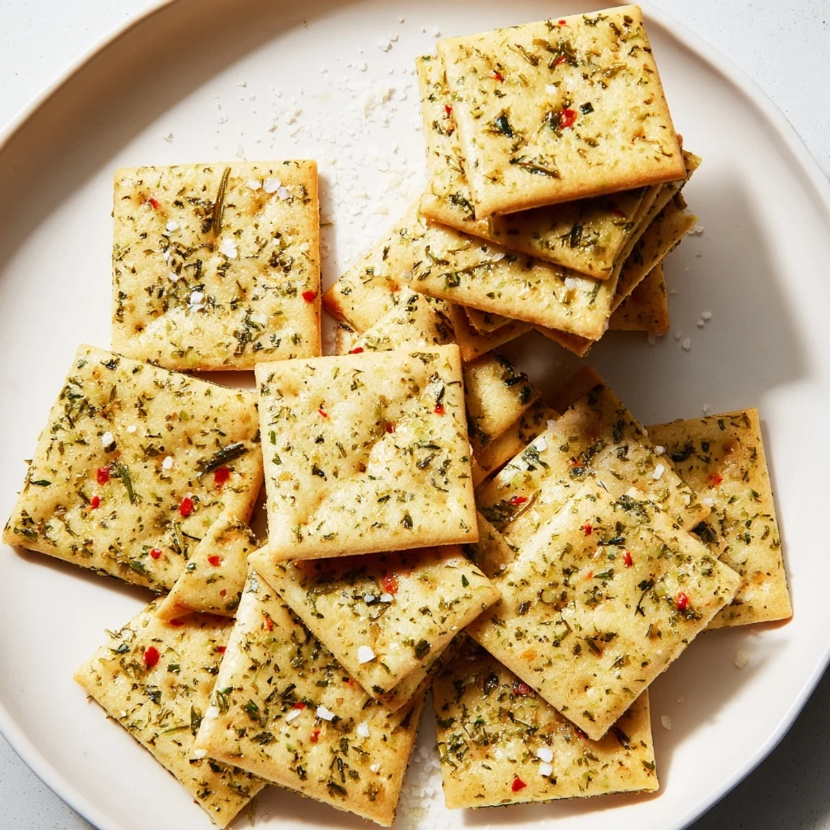 Bowl of crunchy dill pickle saltines served alongside a cold drink at a party
