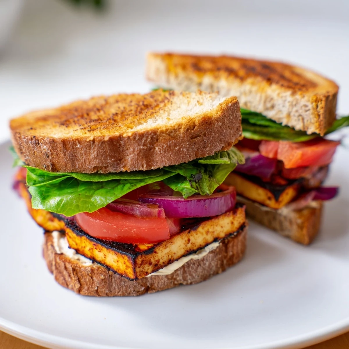 Smoky tofu lettuce tomato TLT sandwich with juicy ripe red tomato slices