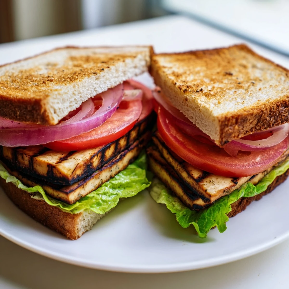 Golden smoky tofu lettuce tomato TLT sandwich stacked on toasted sourdough bread