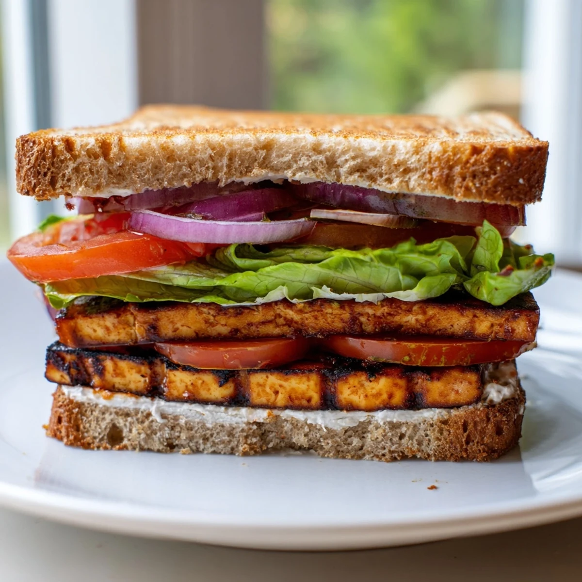 Crisp lettuce and charred smoky tofu layered in a summer TLT sandwich