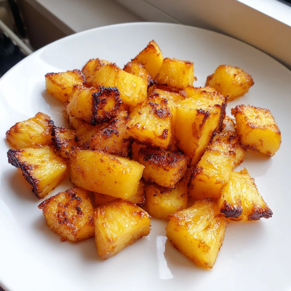 Golden air fryer pineapple chunks with caramelized edges served warm in a bowl