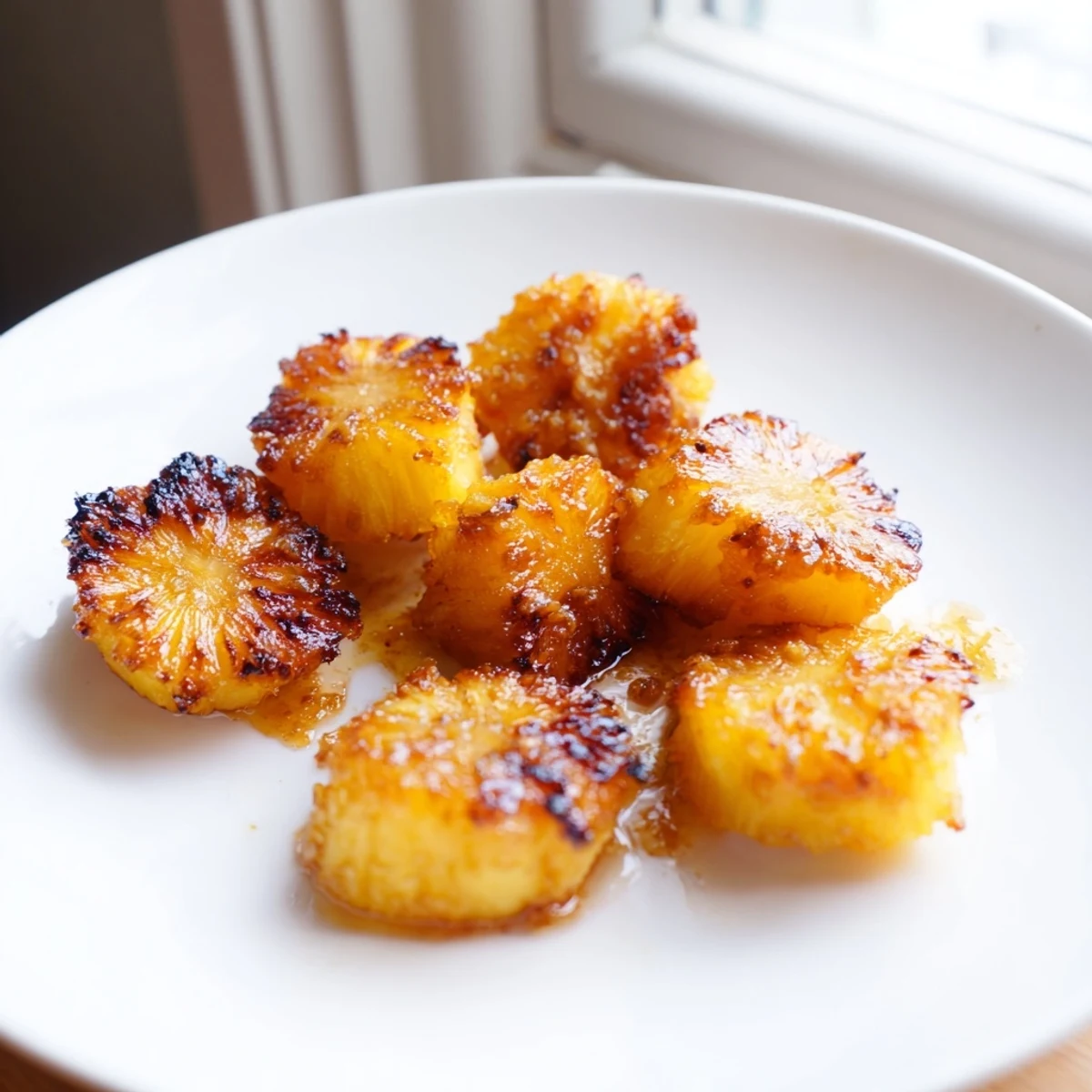 Air fryer pineapple chunks lightly charred and tender, topped over creamy yogurt