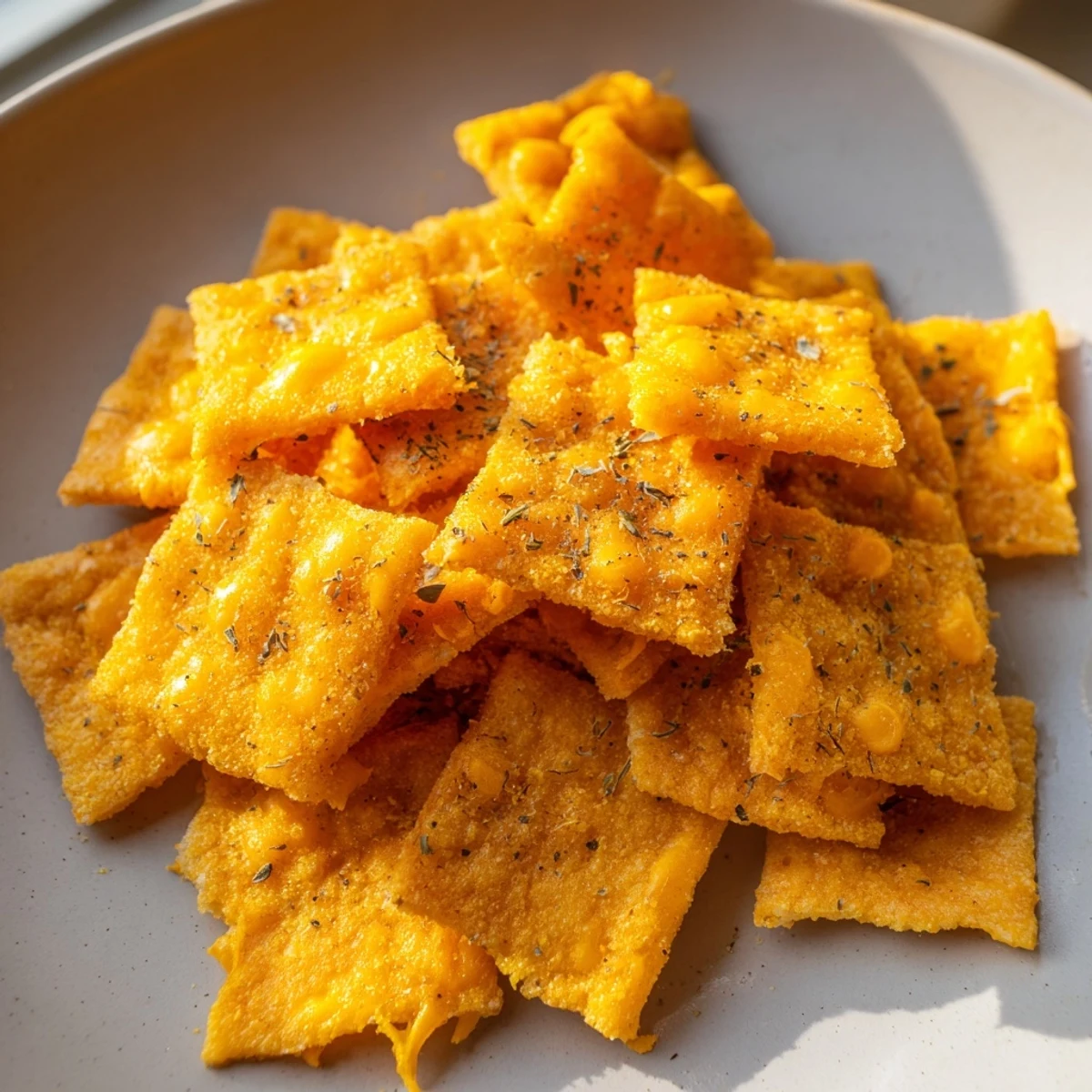 Golden taco crackers sprinkled with melted cheddar and oregano on a baking sheet