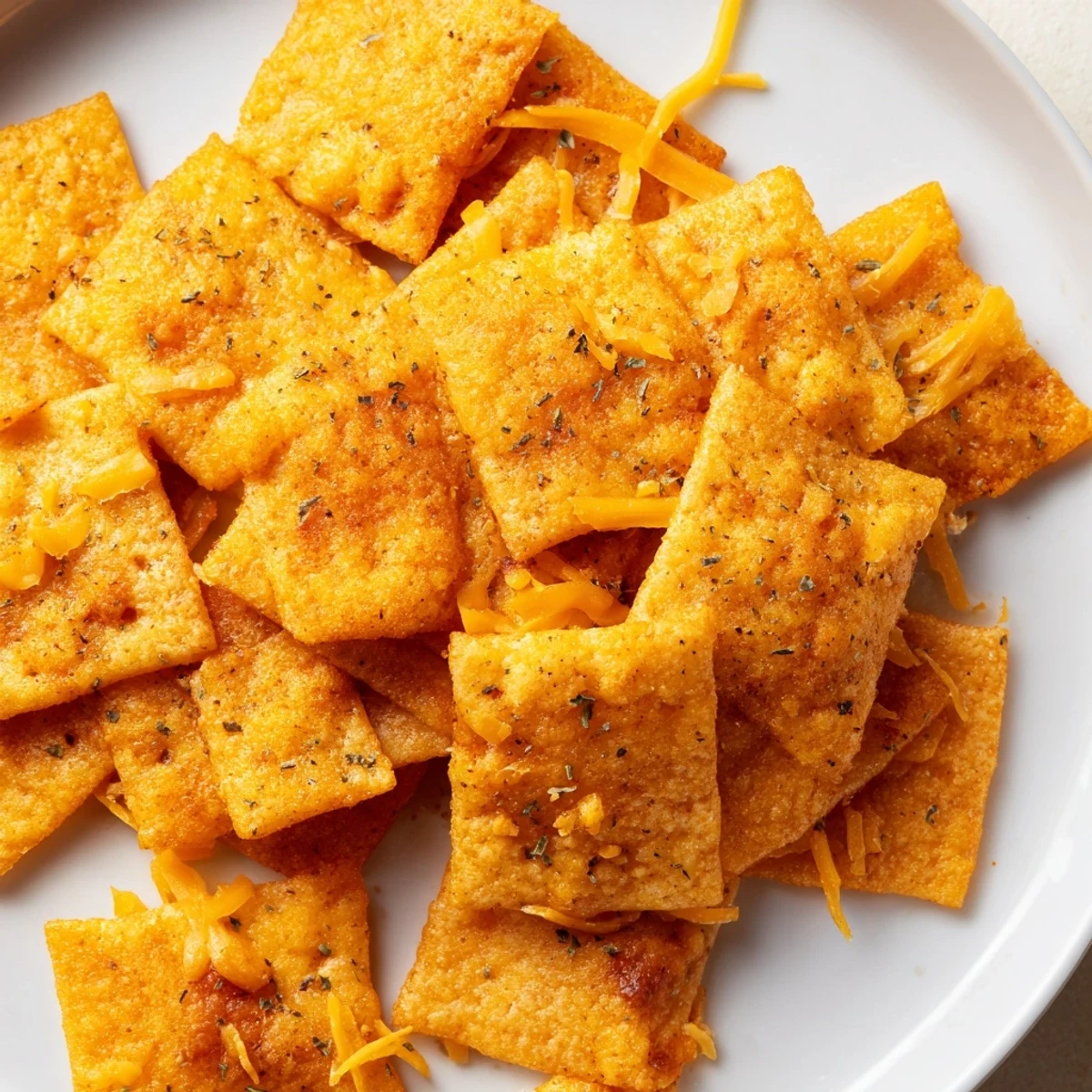 Crunchy taco crackers arranged on a platter beside fresh salsa and guacamole