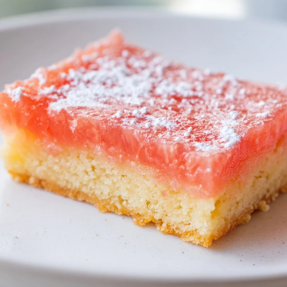 Golden grapefruit bars dusted with powdered sugar on a rustic cutting board
