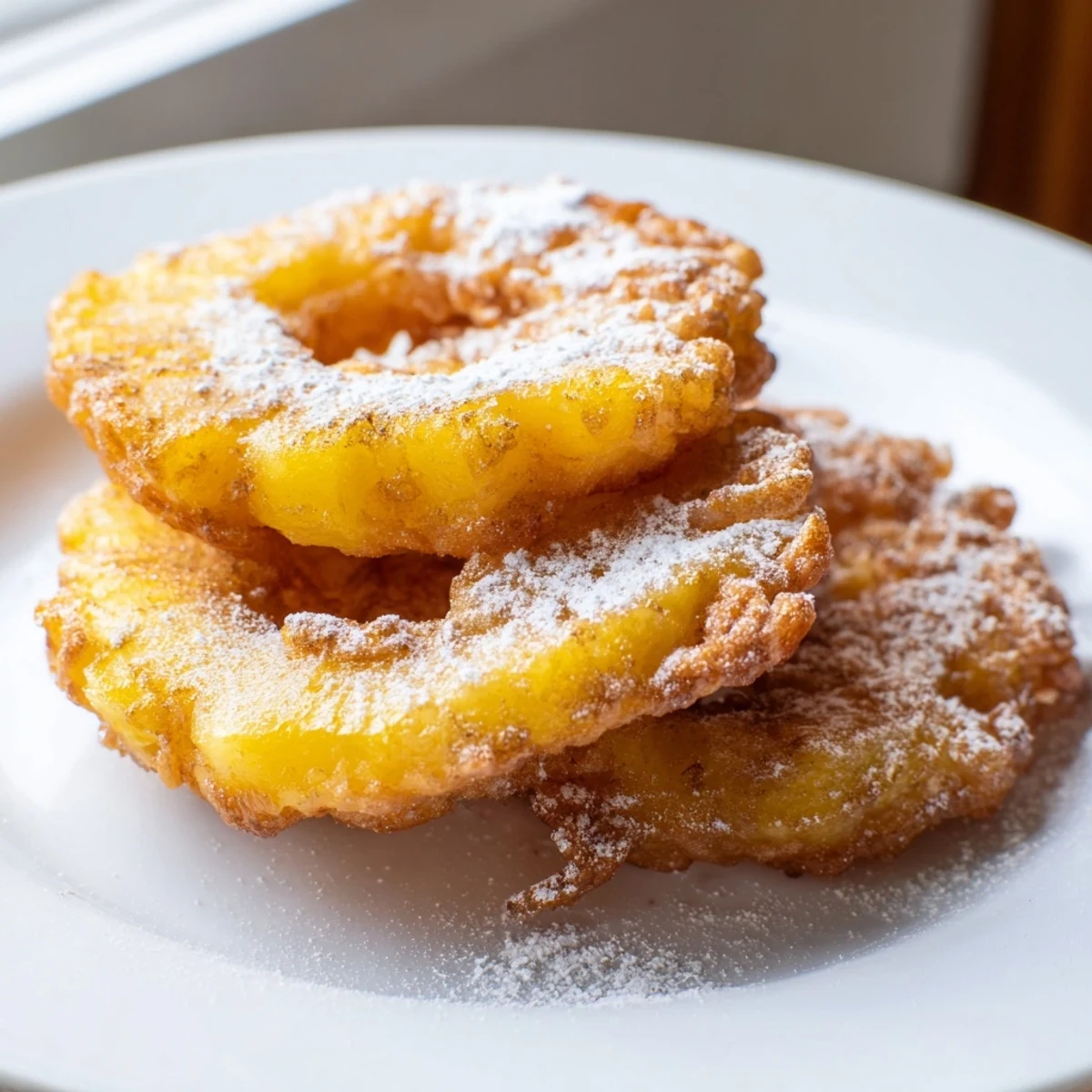 Crispy golden fried pineapple rings dusted with powdered sugar on a rustic plate
