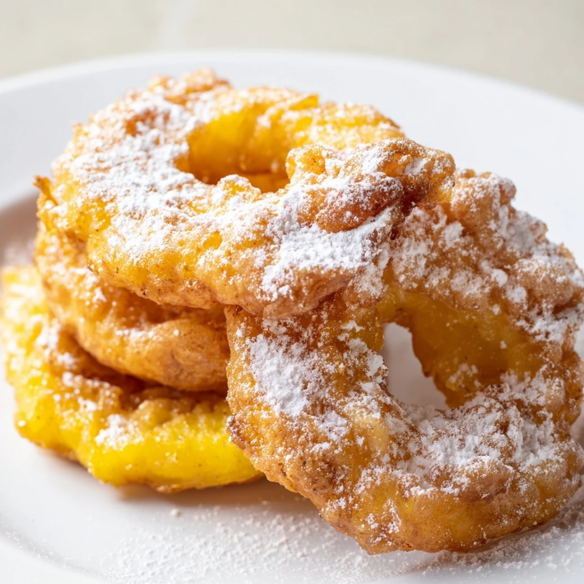 Close-up of fried pineapple rings with a crunchy golden crust and sprinkle of cinnamon