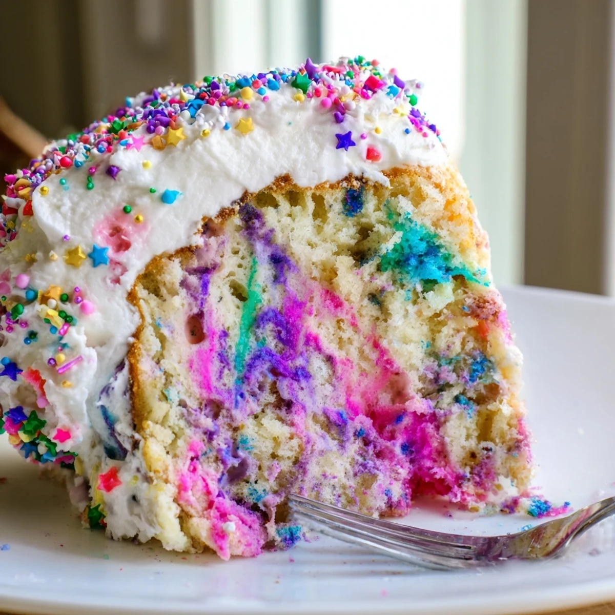 Colorful Unicorn Poke Cake sliced to reveal vibrant rainbow pudding stripes underneath fluffy whipped topping
