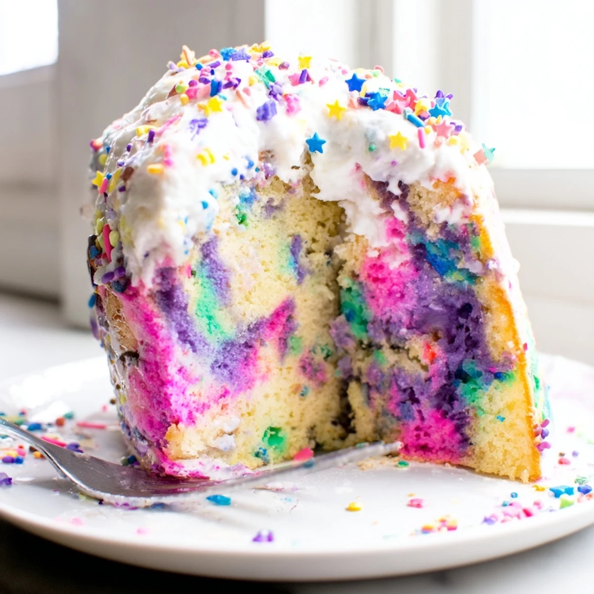 A pastel Unicorn Poke Cake topped with sprinkles and Cool Whip served on a party plate